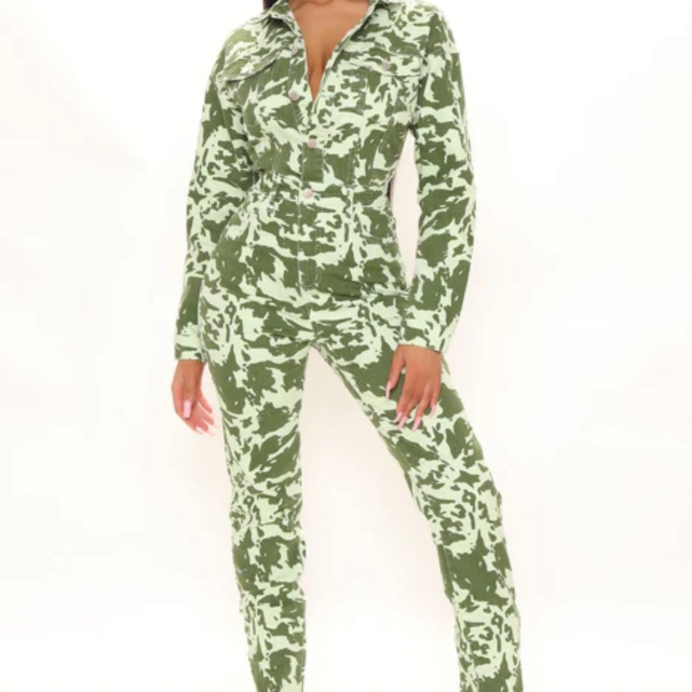 Fashion Nova Eyes On You Denim Jumpsuit - Green